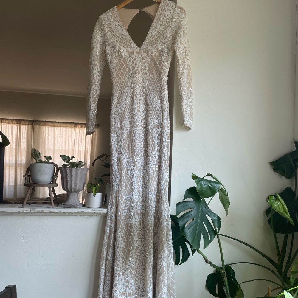 Wedding Dress long sleeve open back v neck, white and nude beaded embroidered - Picture 7 of 10